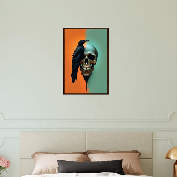 Raven's Requiem - Skull & Crow Framed Print - Dark wood frame 40x60 cm 16x24″ - Wooden Framed Posters