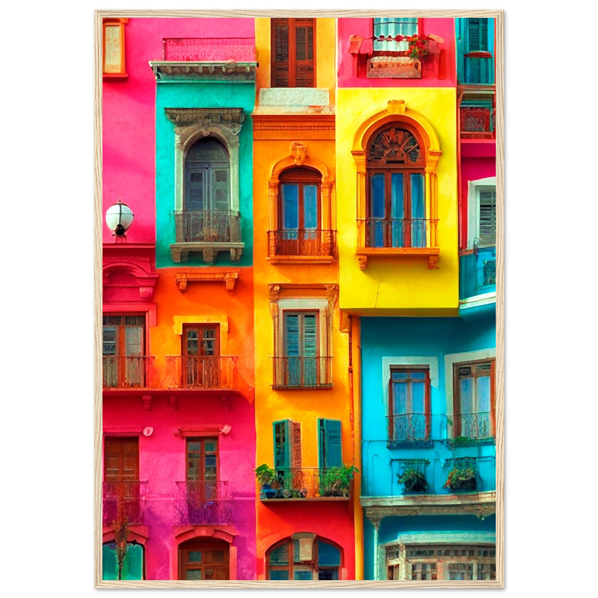 Vibrant Dreams - Colorful Cityscape Art - 70x100 cm 28x40″ Wood frame - Wooden Framed Poster