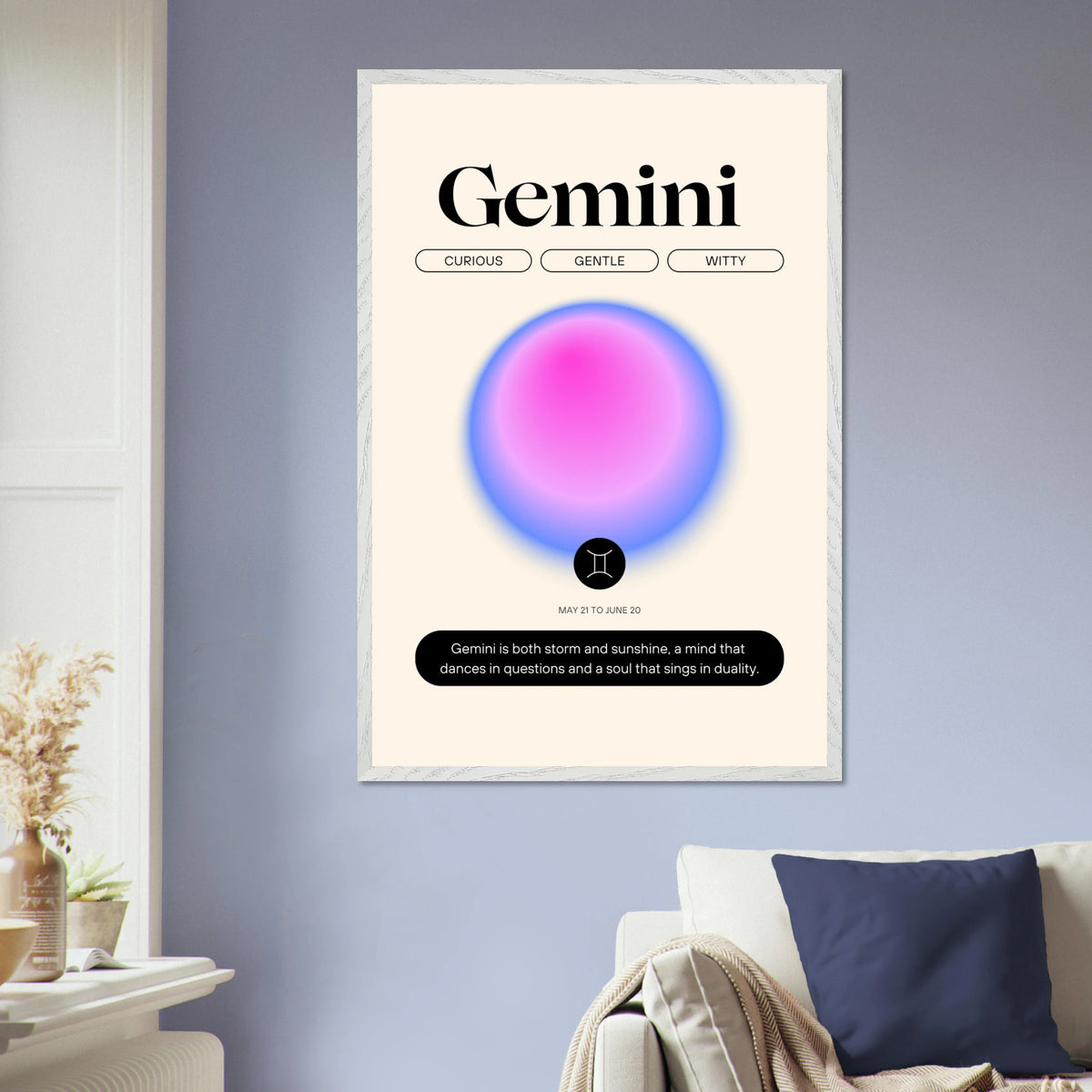 Zodiac Wall Art Framed Poster for Astrology Lovers - White frame Gemini - Wooden Framed Posters