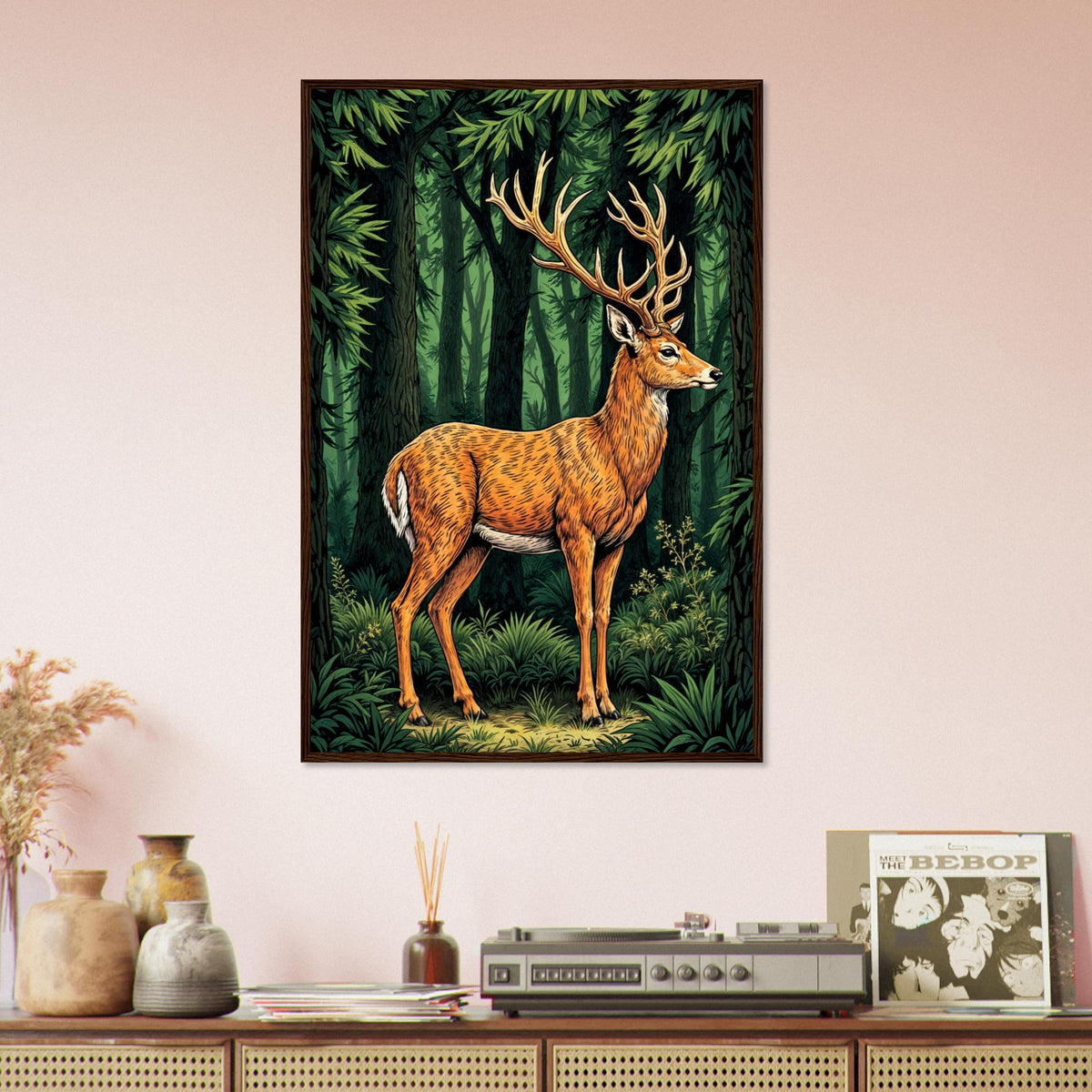 Timeless Beauty - Deer in the Forest Framed Print - 60x90 cm 24x36″ Dark wood frame - Framed Posters