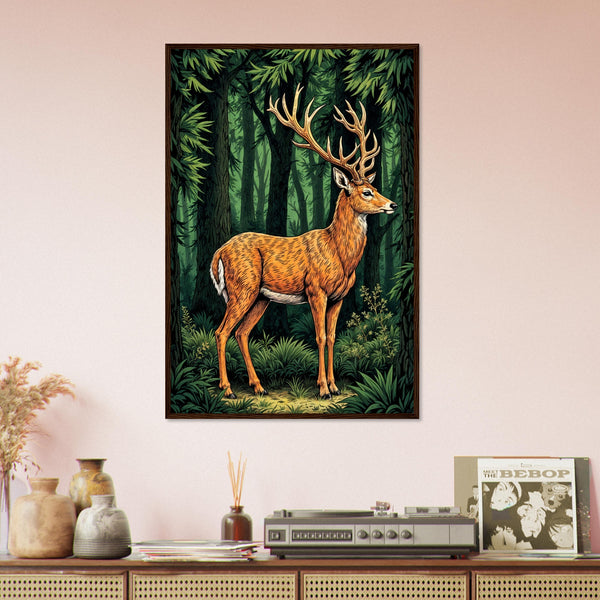 Timeless Beauty - Deer in the Forest Framed Print - 60x90 cm 24x36″ Dark wood frame - Framed Posters