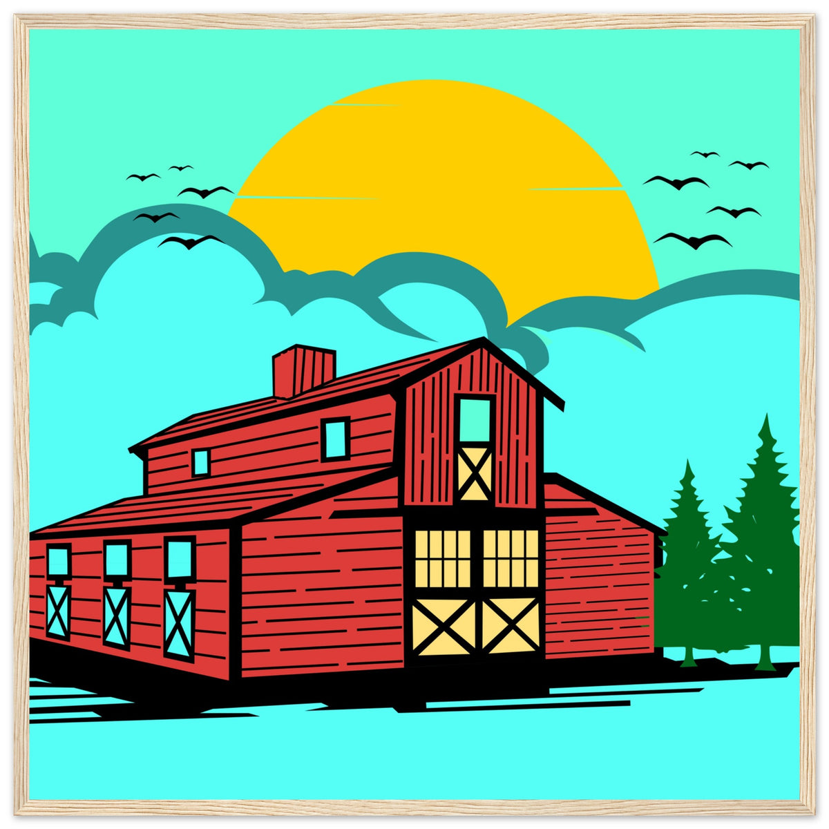 Countryside Sunrise - A Nostalgic Barn Scene - 70x70 cm 28x28″ Wood frame - Wooden Framed Posters