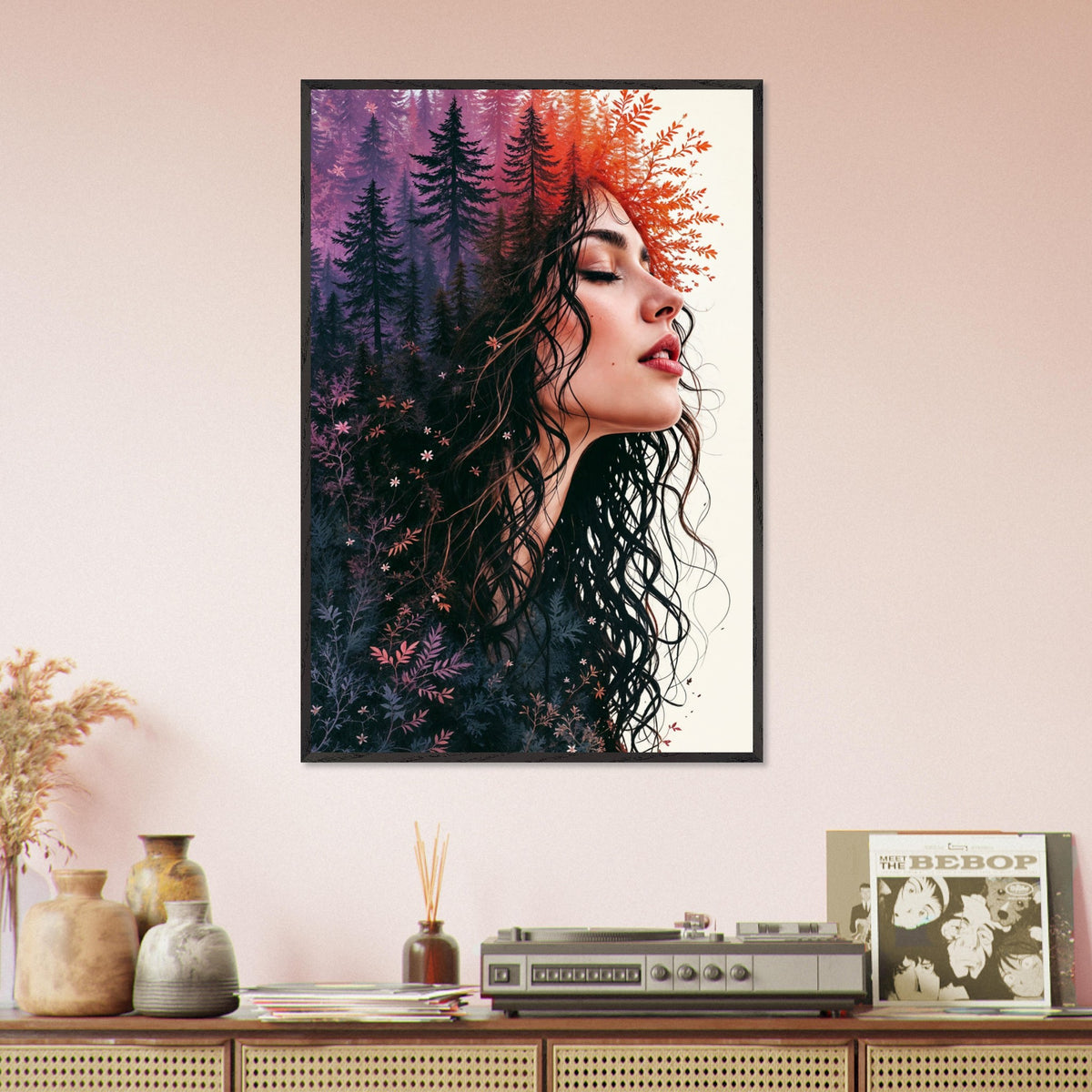 Nature’s Muse - Woman and Forest Fusion Framed Art - Black frame - Framed Posters