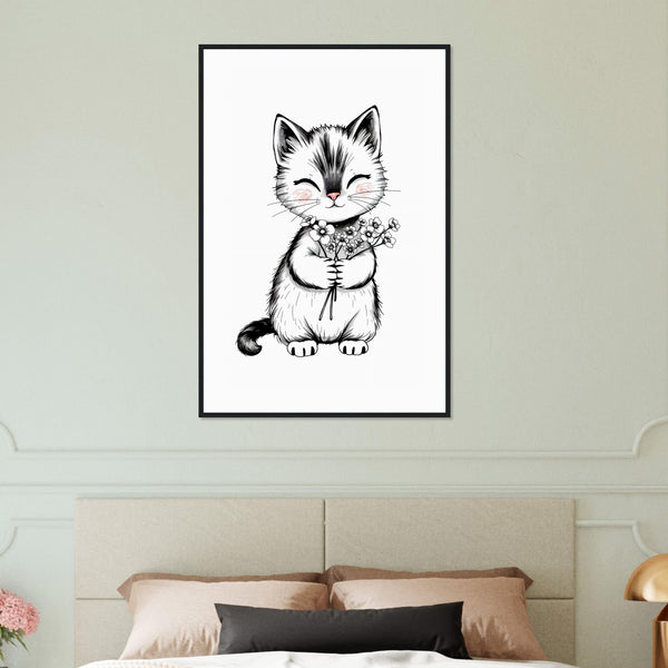 Purrfect Gift - Kitten with Flowers Framed Print - Black frame 60x90 cm 24x36″ - Wooden Framed Posters