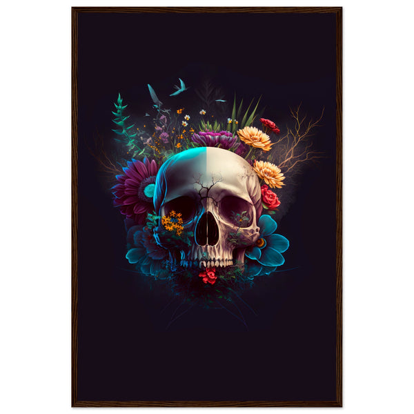 Nature’s Duality - Vibrant Flowers and Skull - 60x90 cm 24x36″ Dark wood frame - Wooden Framed Posters