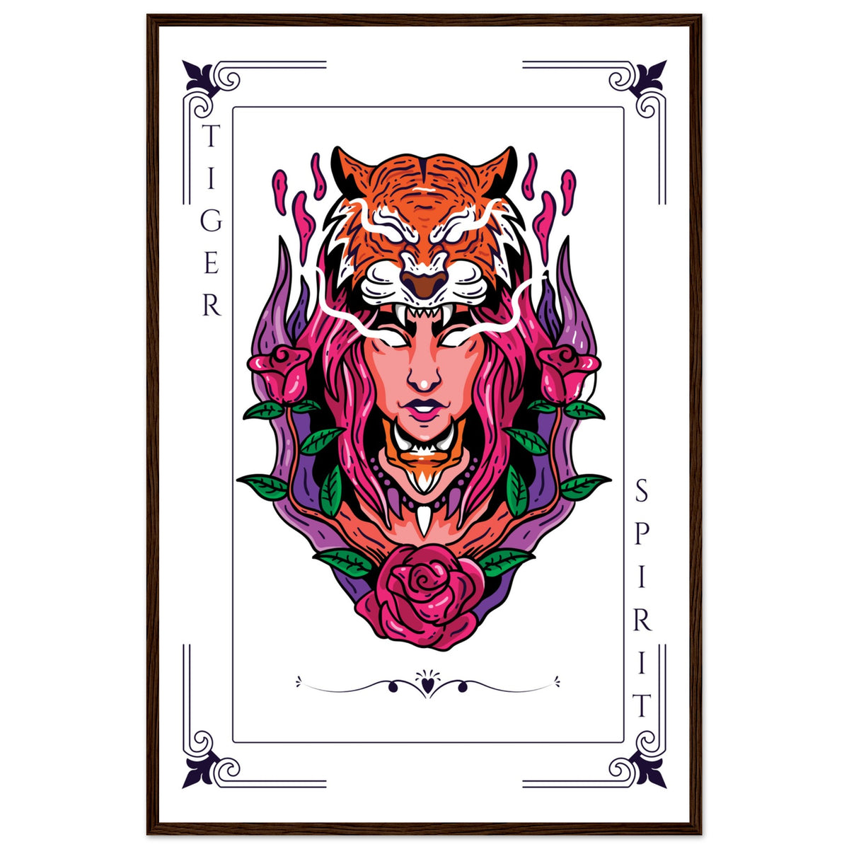 Artistry Unleashed - Warrior, Sacred Bull, and Tiger Spirit - 60x90 cm 24x36″ Dark wood frame Tiger Spirit - Wooden Framed Posters