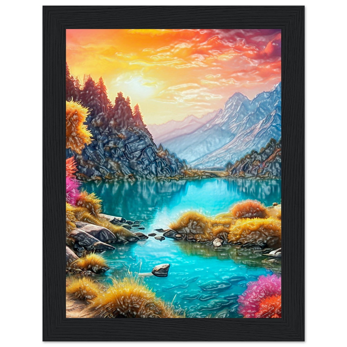 Mountain Serenity - Tranquil Landscape Art - 15x20 cm 6x8″ Black frame - Wooden Framed Poster