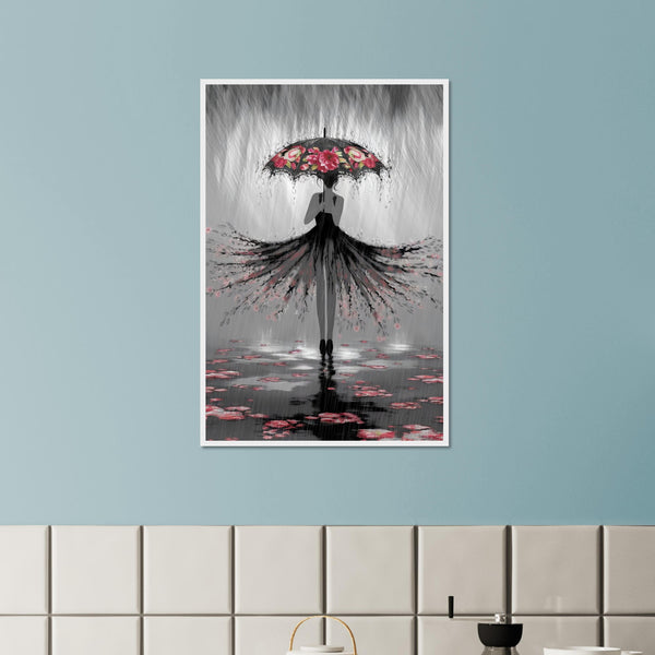 Whispers of the Rain - Woman with Umbrella Art - 60x90 cm 24x36″ White frame - Framed Posters