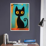 Retro Black Cat Art Print – Playful Wooden Frame Poster - - Wooden Framed Posters