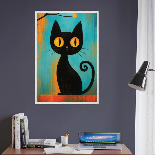 Retro Black Cat Art Print – Playful Wooden Frame Poster - - Wooden Framed Posters