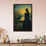 Twilight Story – Woman & Raven Framed Canvas - Dark wood frame - Canvas