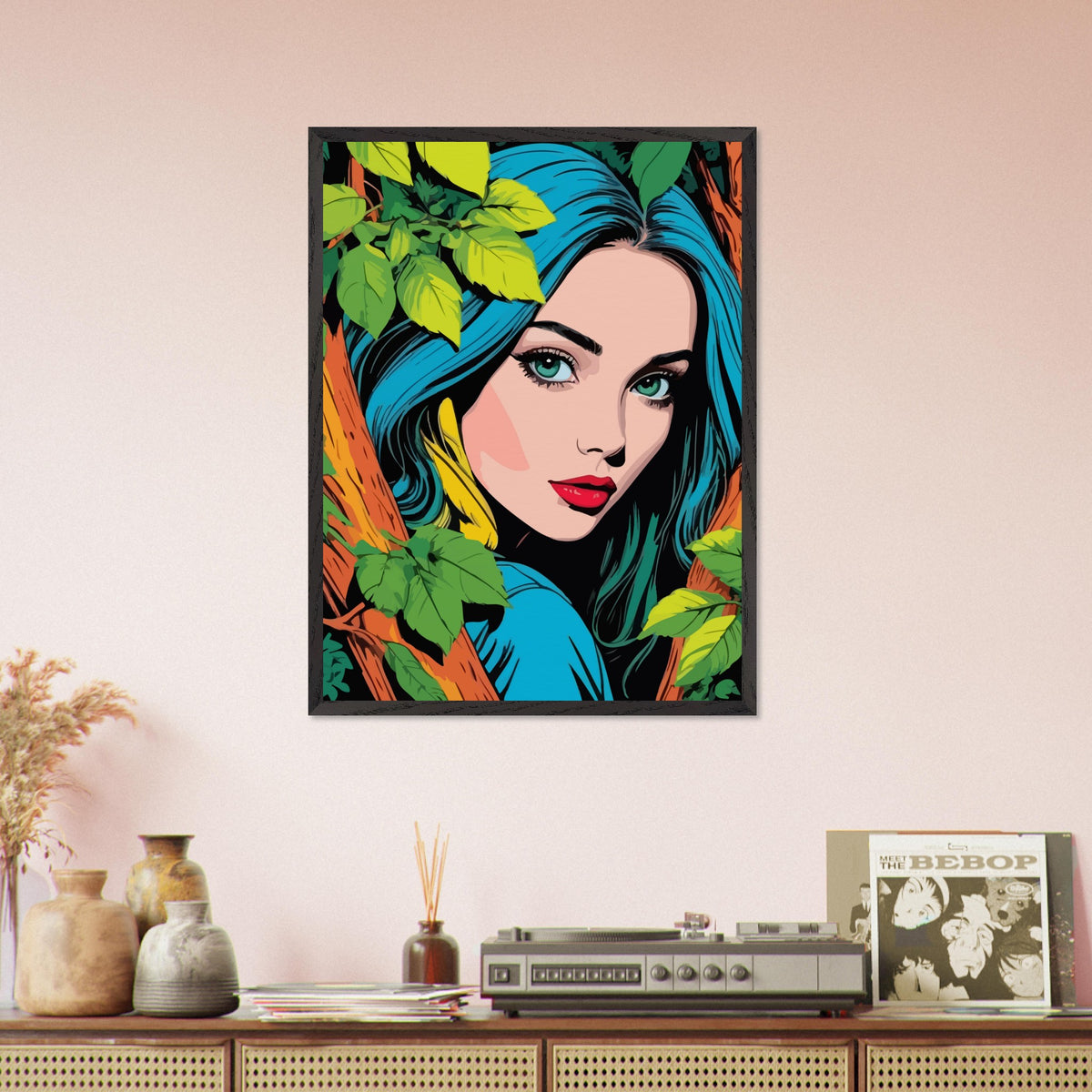 Premium Nature's Elegance - The Blue-Haired Muse - 60x80 cm 24x32″ Black frame - Wooden Framed Posters