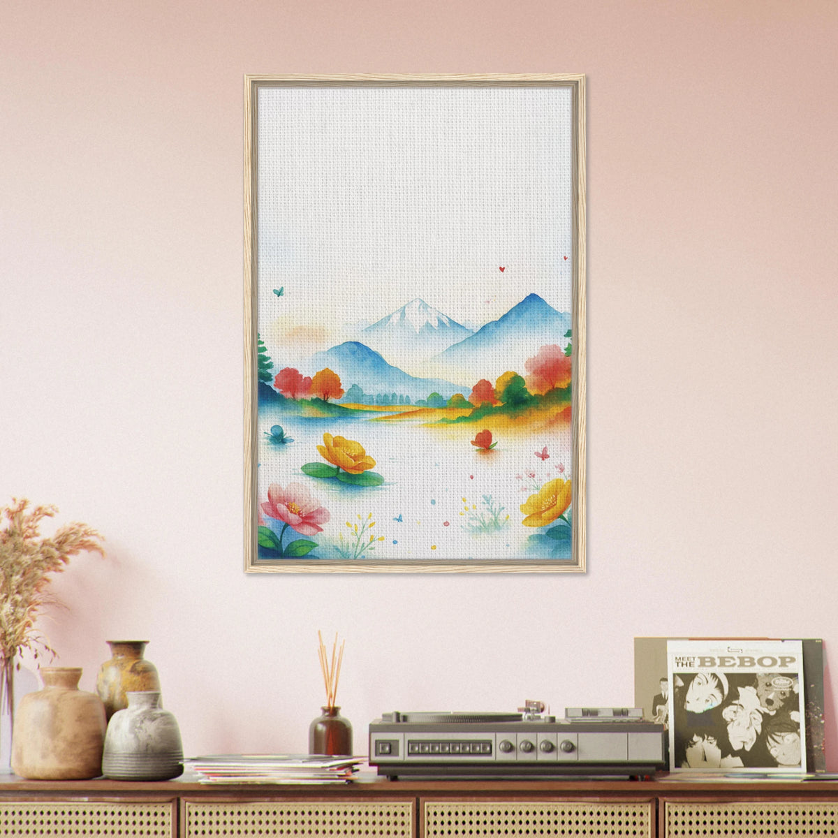 Tranquil Moments – Watercolor Mountain Framed Canvas - Wood frame - Canvas
