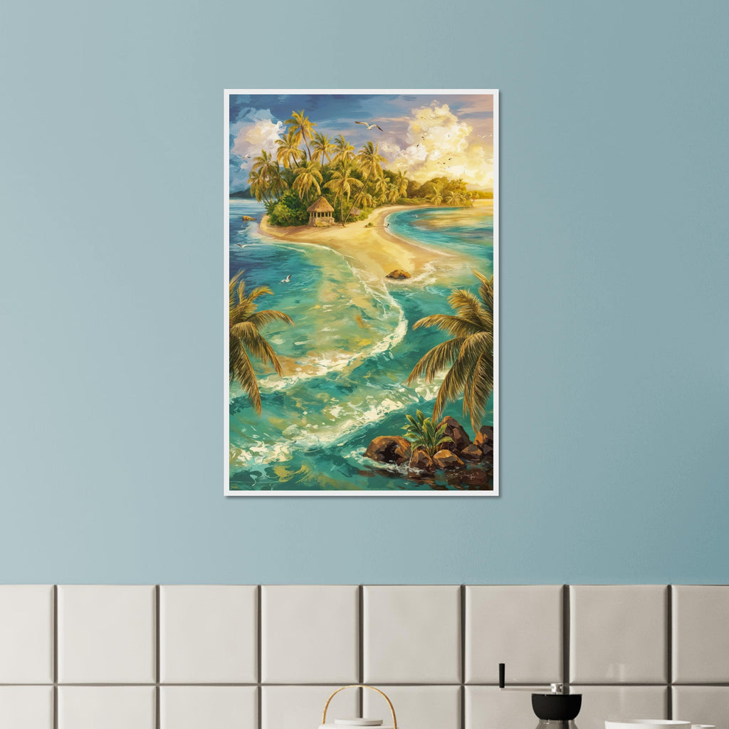 Island Paradise Beach Scene Art Print - White frame 60x90 cm 24x36″ - Wooden Framed Posters