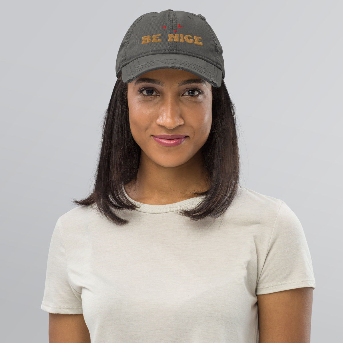 Be Nice Distressed Dad Hat - Charcoal Grey - Hats