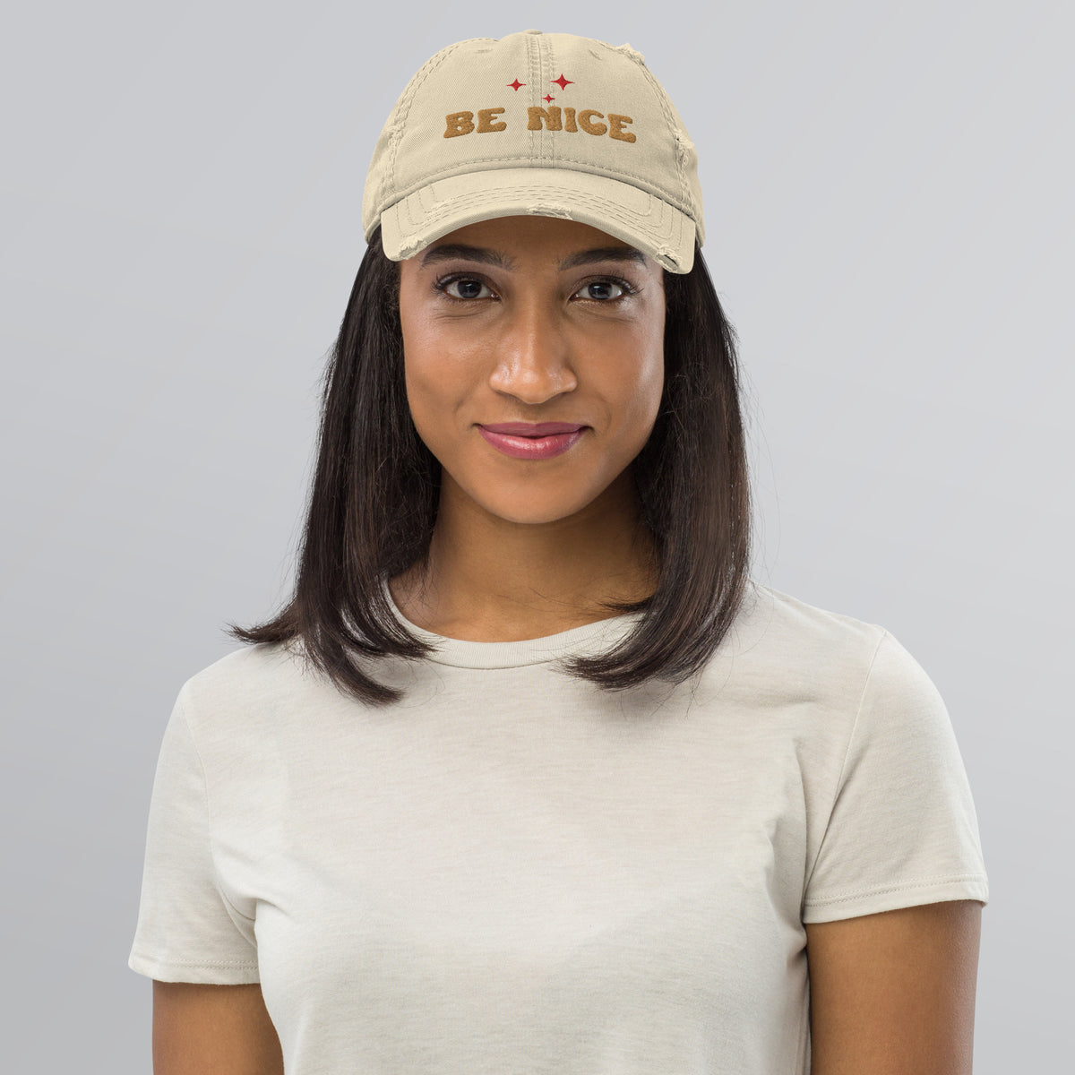 Be Nice Distressed Dad Hat - Khaki - Hats