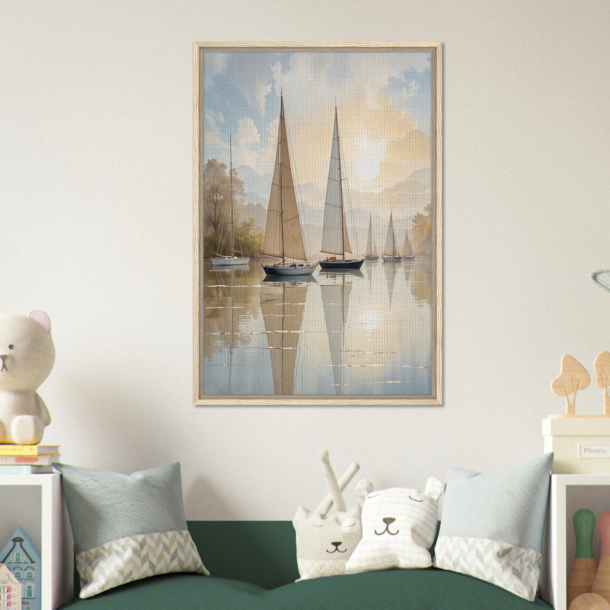 Tranquil Reflections - Sailboats in Sunlit Waters - - Framed Canvas