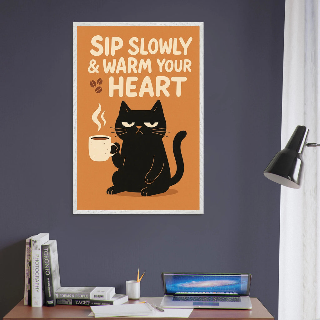 Coffee Cat Framed Poster – A Cozy Gift of Sass - White frame - Wooden Framed Posters