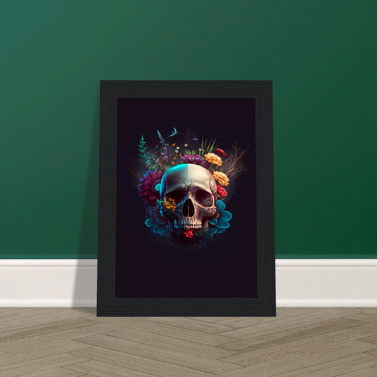 Nature’s Duality - Vibrant Flowers and Skull - - Wooden Framed Posters