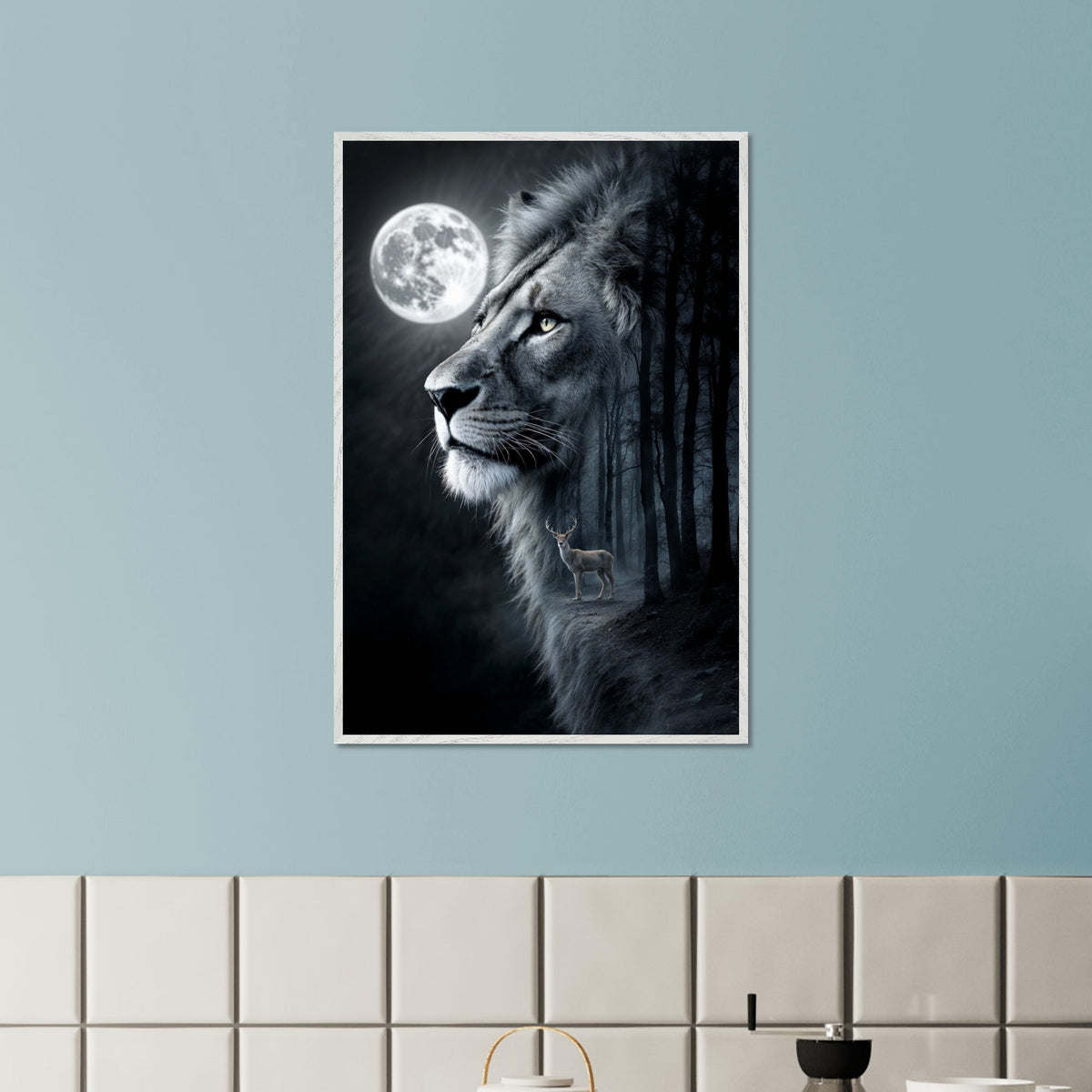 The Moonlit Guardian - Lion and Deer Framed Art - - Framed Posters