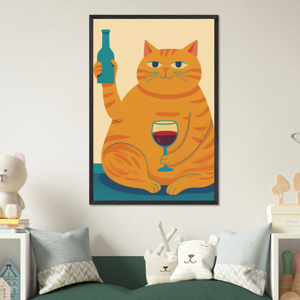 Cheers Cat Framed Poster – Gift Fun & Feline Charm - Black frame - Wooden Framed Posters