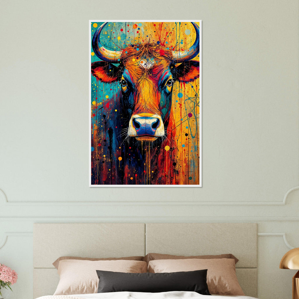 Aura of the Wild - Colorful Bull Art on Matte Paper - White frame 60x90 cm 24x36″ - Wooden Framed Posters