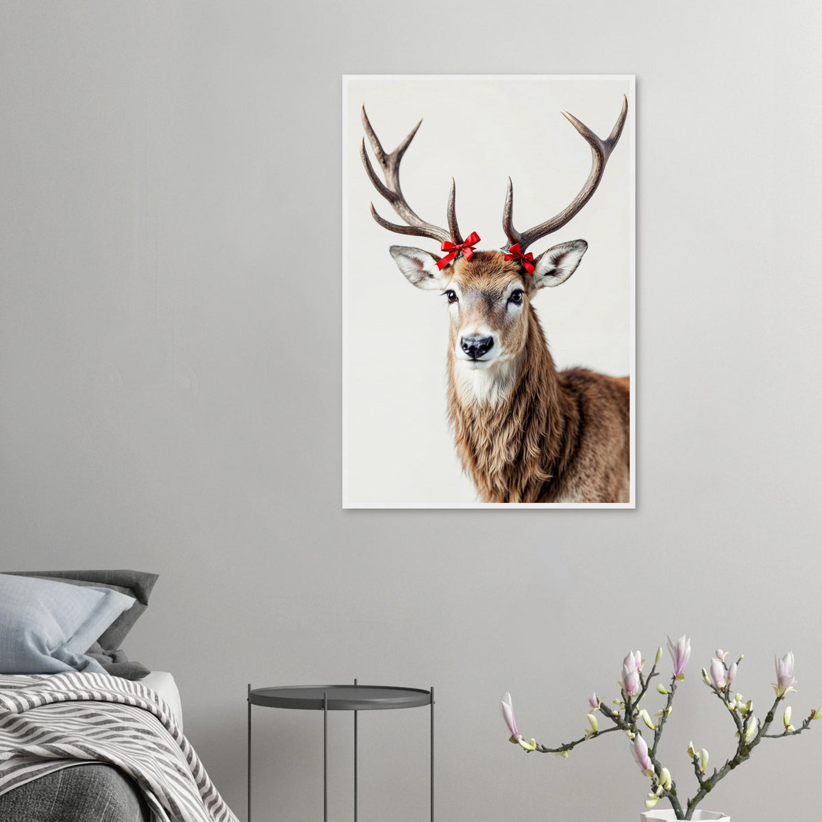 Festive Fawn - Bowed Deer Framed Art - 60x90 cm 24x36″ White frame - Wooden Framed Posters