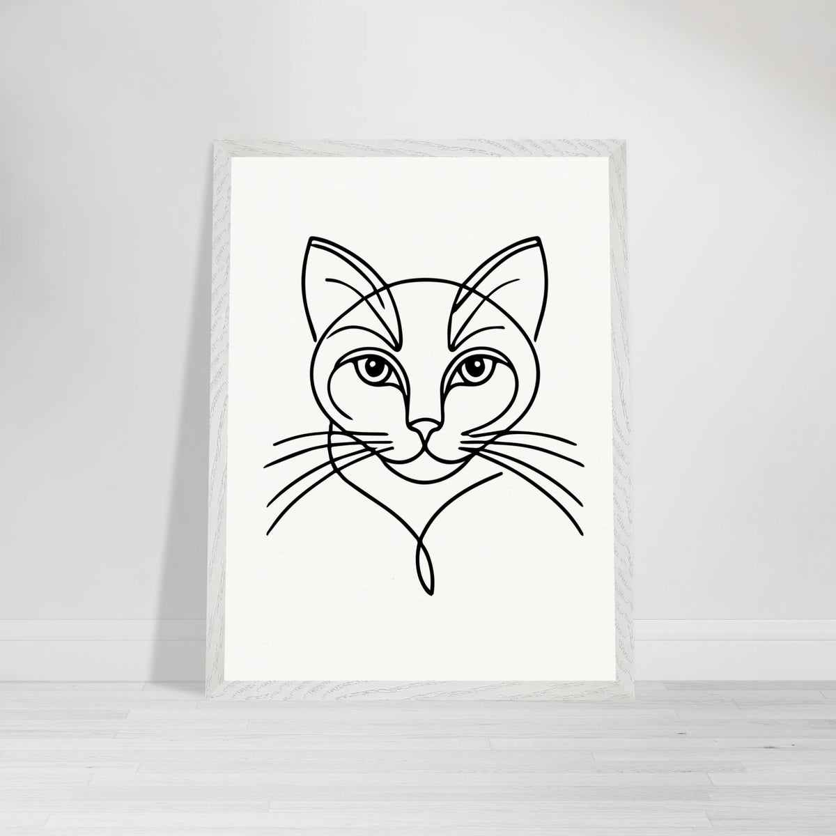 Timeless Cat Line Art - Natural Wood Framed Elegance - 45x60 cm 18x24″ White frame - Wooden Framed Posters