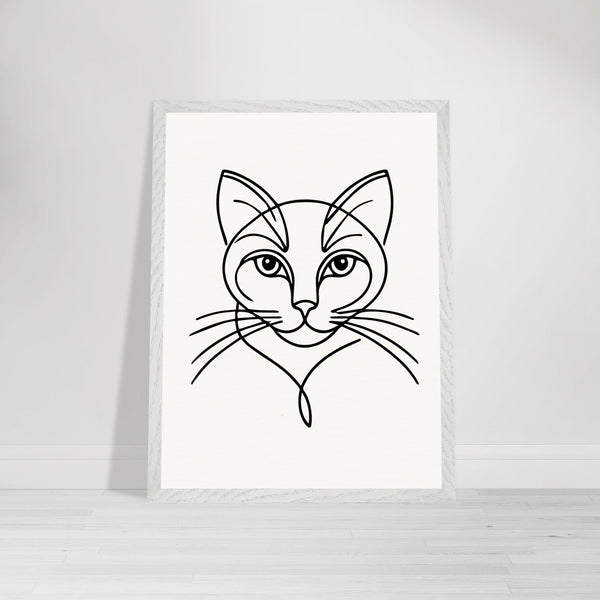 Timeless Cat Line Art - Natural Wood Framed Elegance - 45x60 cm 18x24″ White frame - Wooden Framed Posters