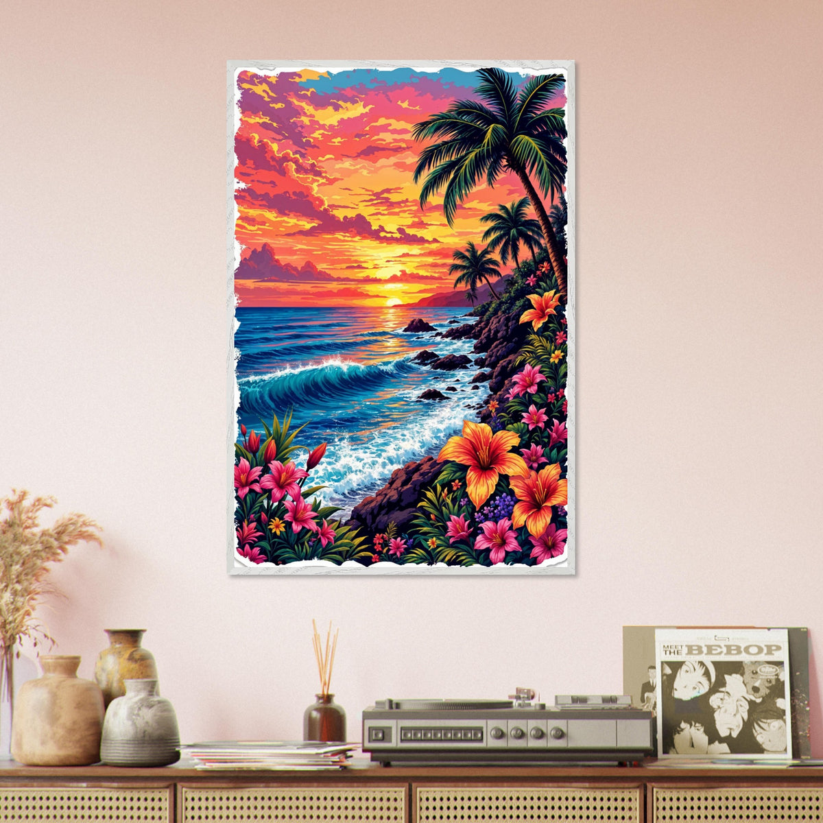 Ocean Waves & Paradise Flowers - A Sunset Dream - White frame - Framed Posters