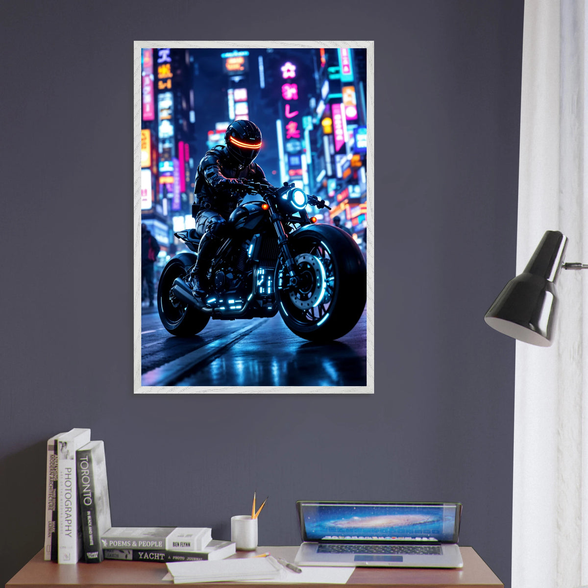 Neon Night Rider Poster – Gift for Biker Souls - White frame - Wooden Framed Posters