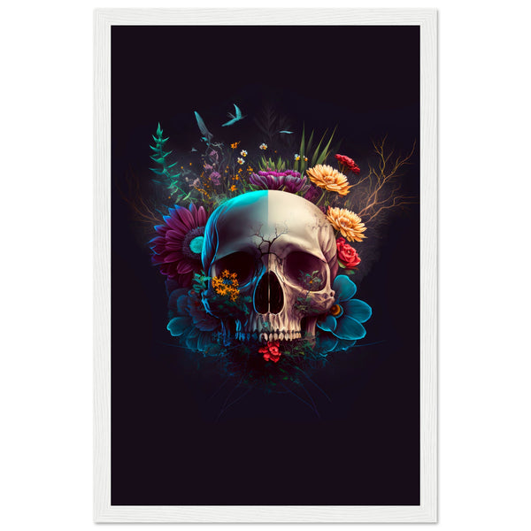 Nature’s Duality - Vibrant Flowers and Skull - 28x43 cm XL (11x17″) White frame - Wooden Framed Posters