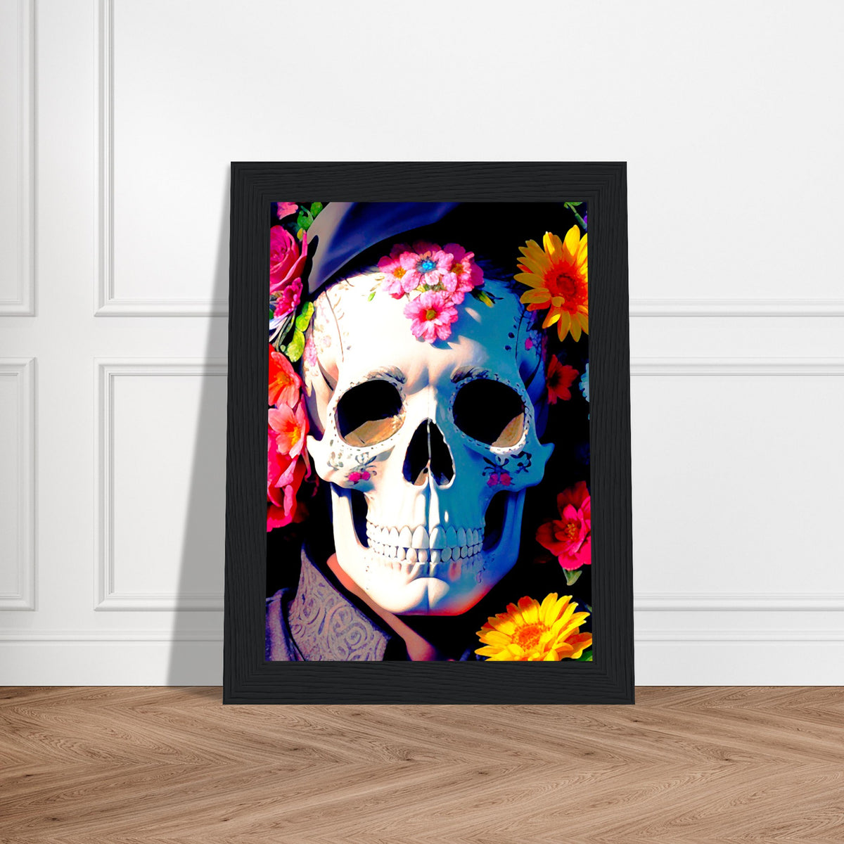 Mystical Bloom - Premium Floral Skull Poster - - Wooden Framed Posters