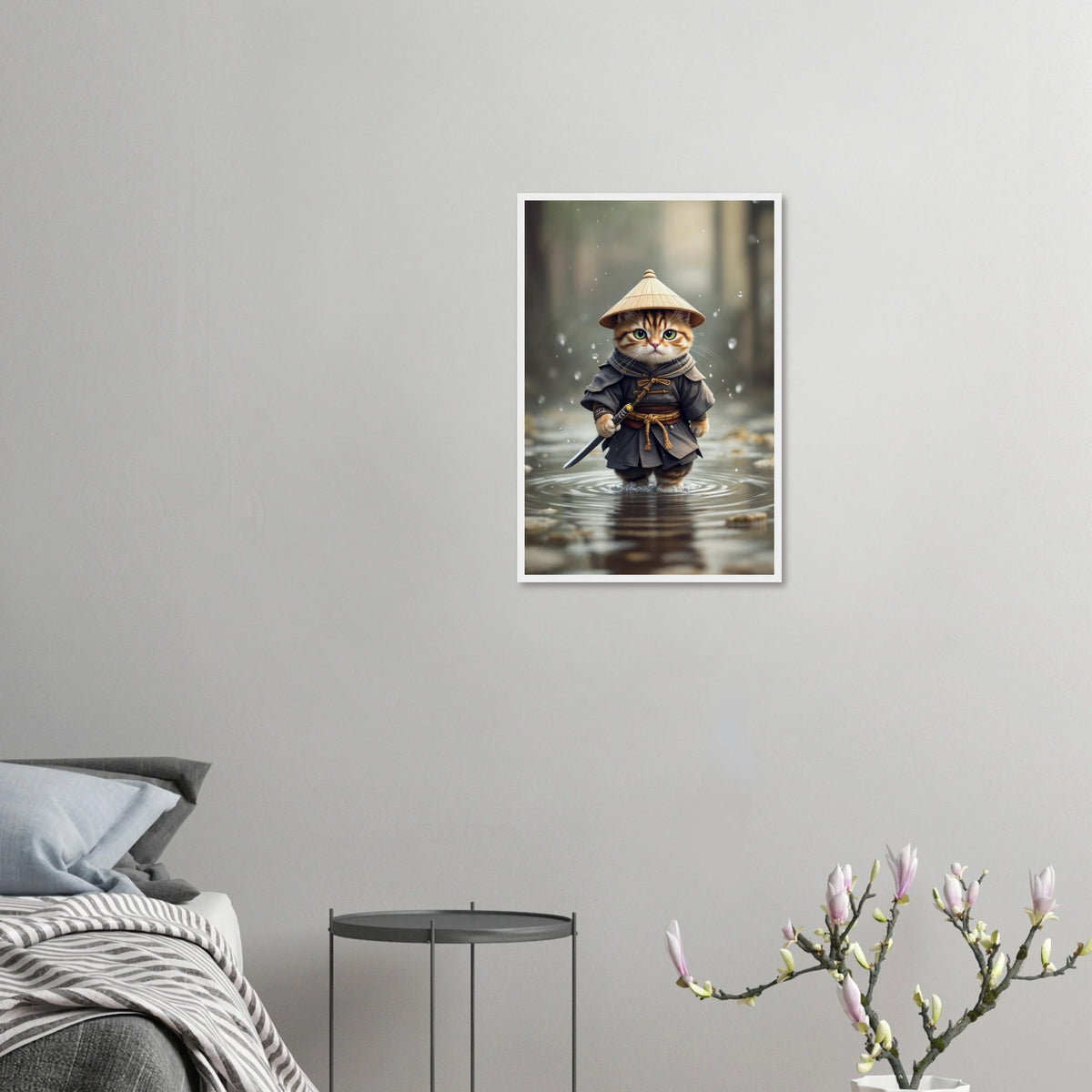 Samurai Kitty - Zen Warrior Framed Art - 40x60 cm 16x24″ White frame - Wooden Framed Posters