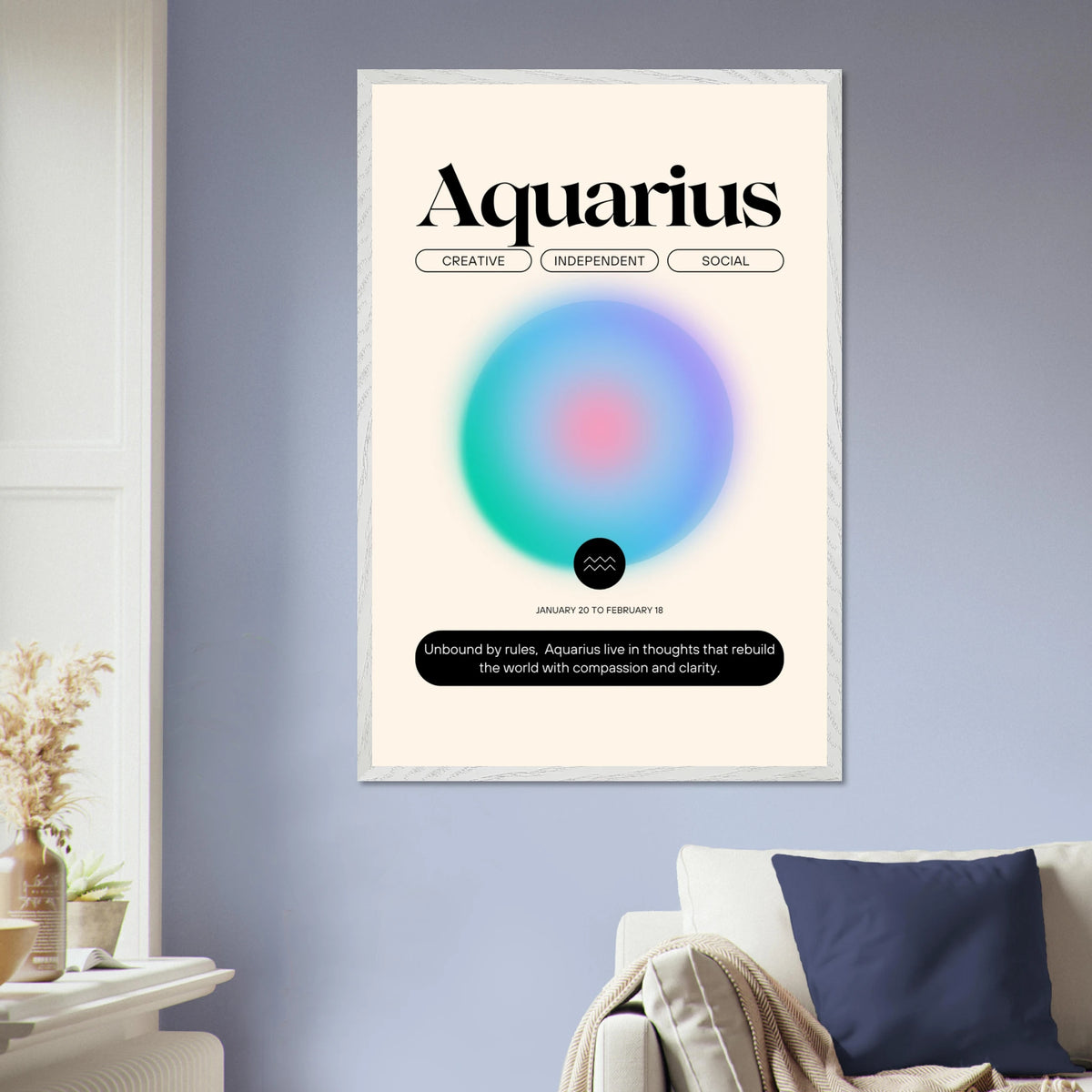 Zodiac Wall Art Framed Poster for Astrology Lovers - White frame Aquarius - Wooden Framed Posters