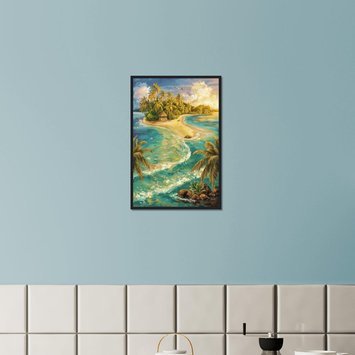 Island Paradise Beach Scene Art Print - Black frame 40x60 cm 16x24″ - Wooden Framed Posters