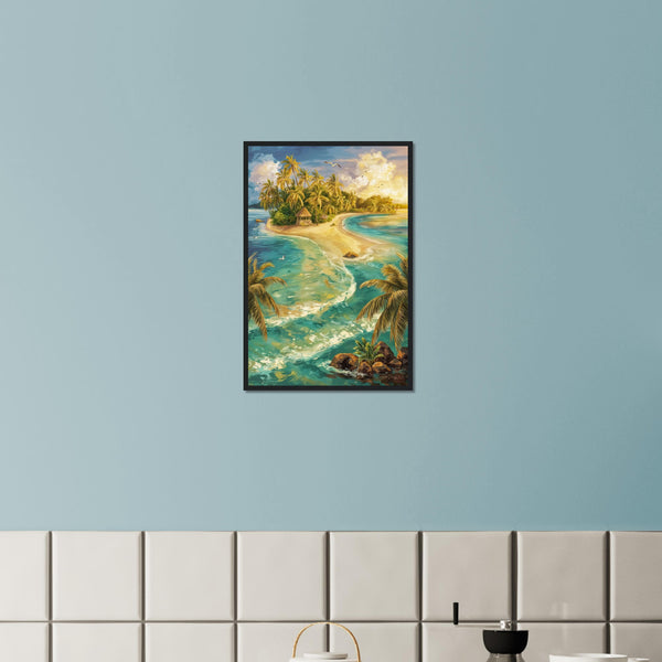 Island Paradise Beach Scene Art Print - Black frame 40x60 cm 16x24″ - Wooden Framed Posters