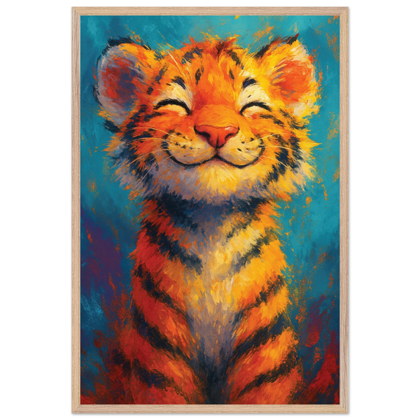 Smiling Tiger Wooden Poster – Gift of Joy & Courage - Wood frame - Wooden Framed Posters