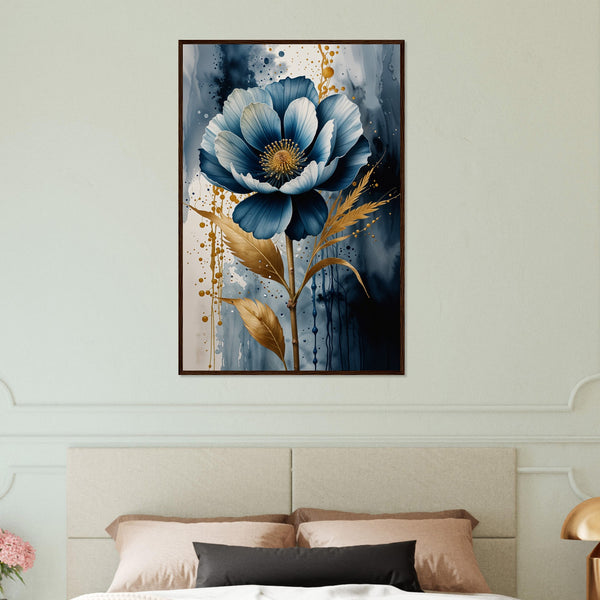 Indigo Dreams - Modern Floral Wall Art - Dark wood frame 60x90 cm 24x36″ - Wooden Framed Posters