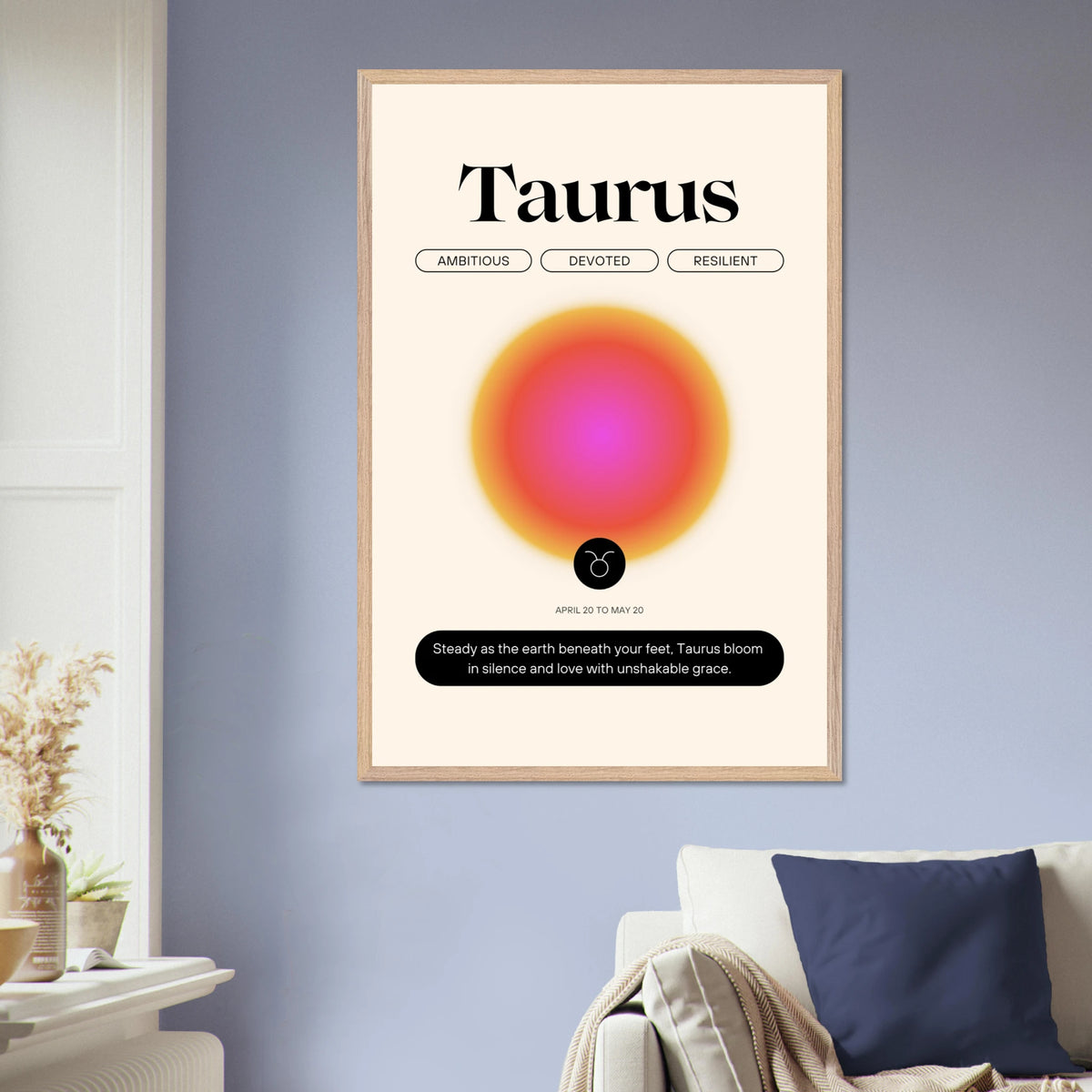 Zodiac Wall Art Framed Poster for Astrology Lovers - Wood frame Taurus - Wooden Framed Posters