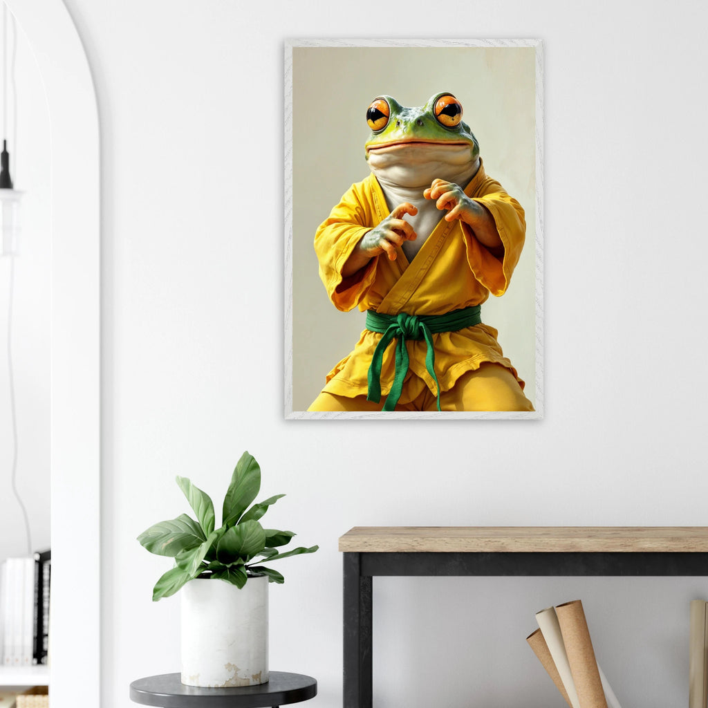 Funny Frog Wall Art – Gift Confidence & Kicks - White frame - Wooden Framed Posters