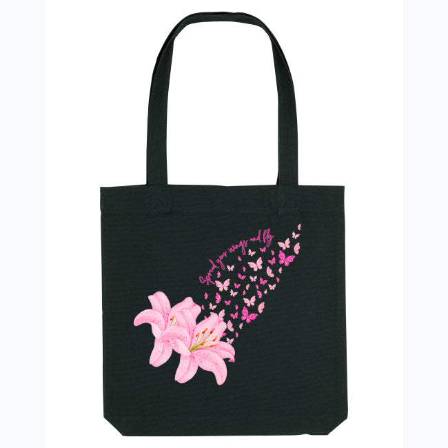 Pink Lilies and Butterflies Tote - Black - Tote Bags