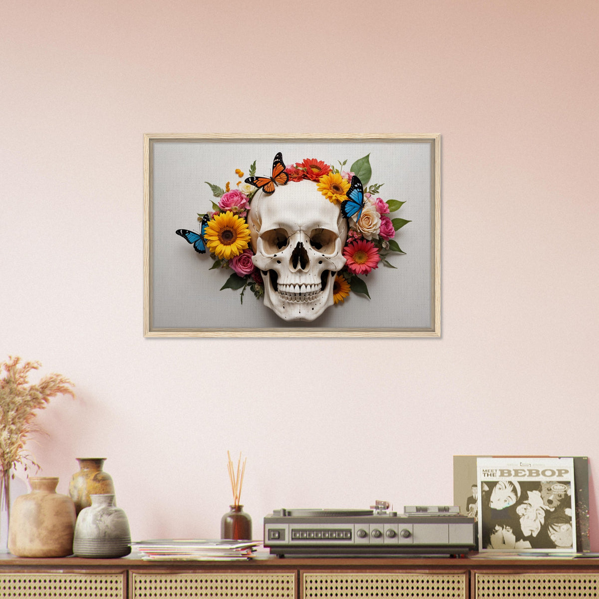 Life and Death - Skull with Vibrant Flowers and Butterflies - - Framed Canvas