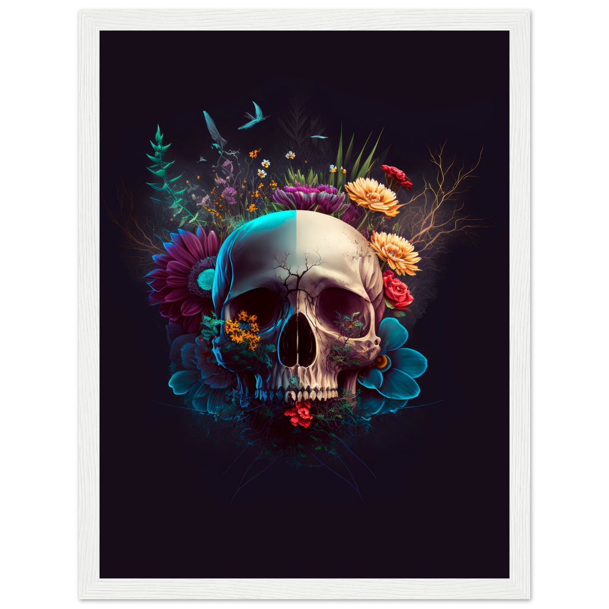 Nature’s Duality - Vibrant Flowers and Skull - 30x40 cm 12x16″ White frame - Wooden Framed Posters