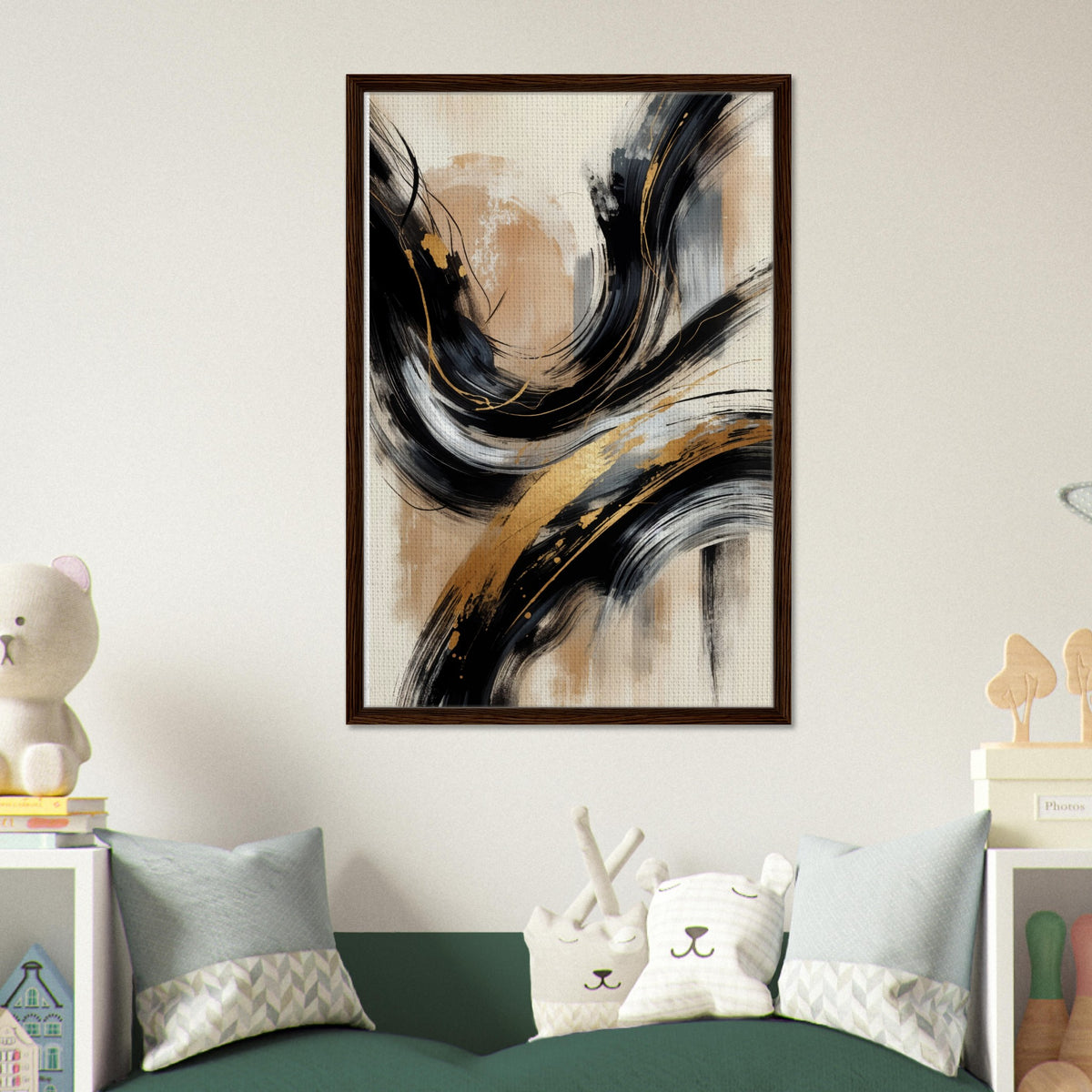 Golden Harmony - Dynamic Strokes in Motion - - Framed Canvas