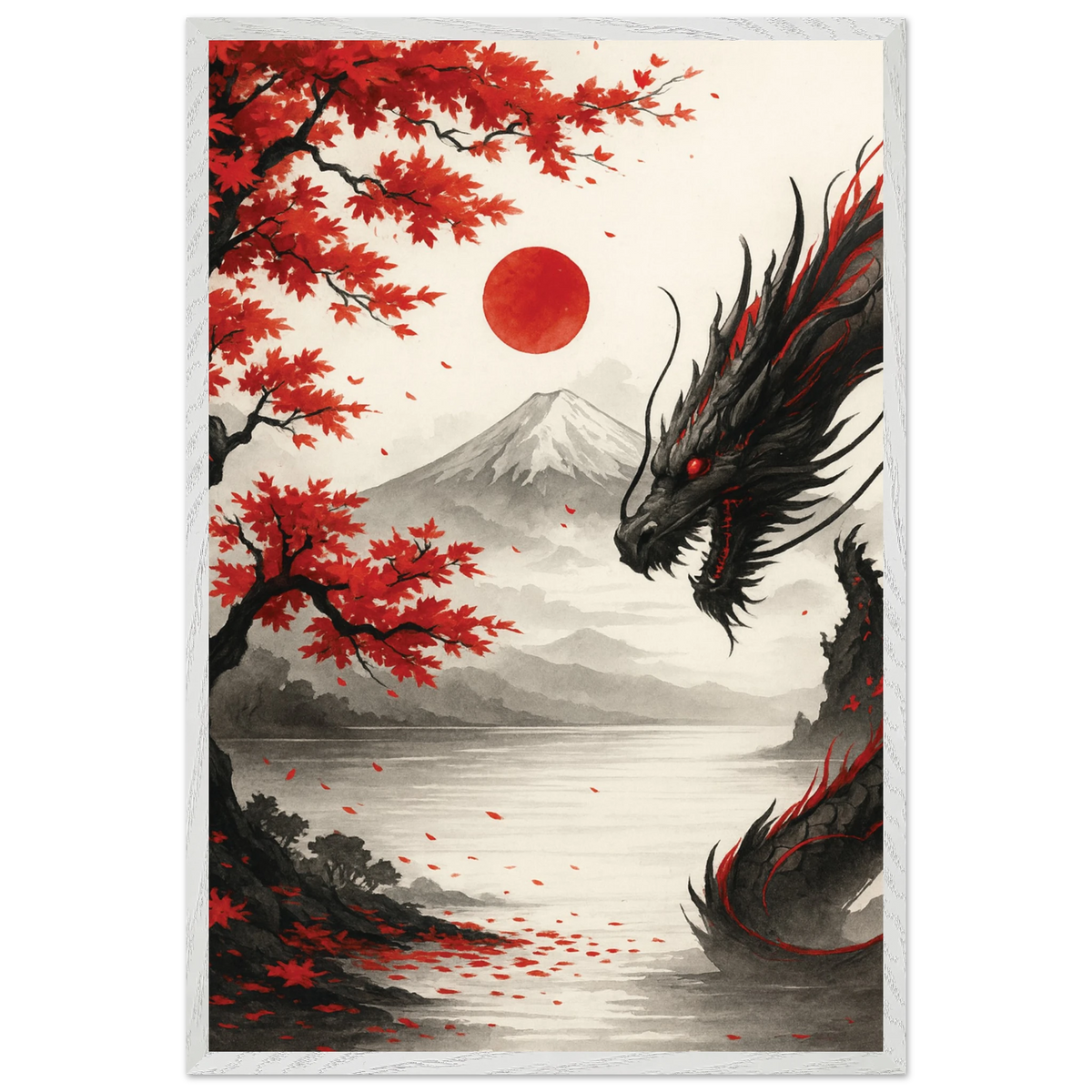 Japanese Dragon Wooden Framed Poster – Gift of Power - White frame - Wooden Framed Posters