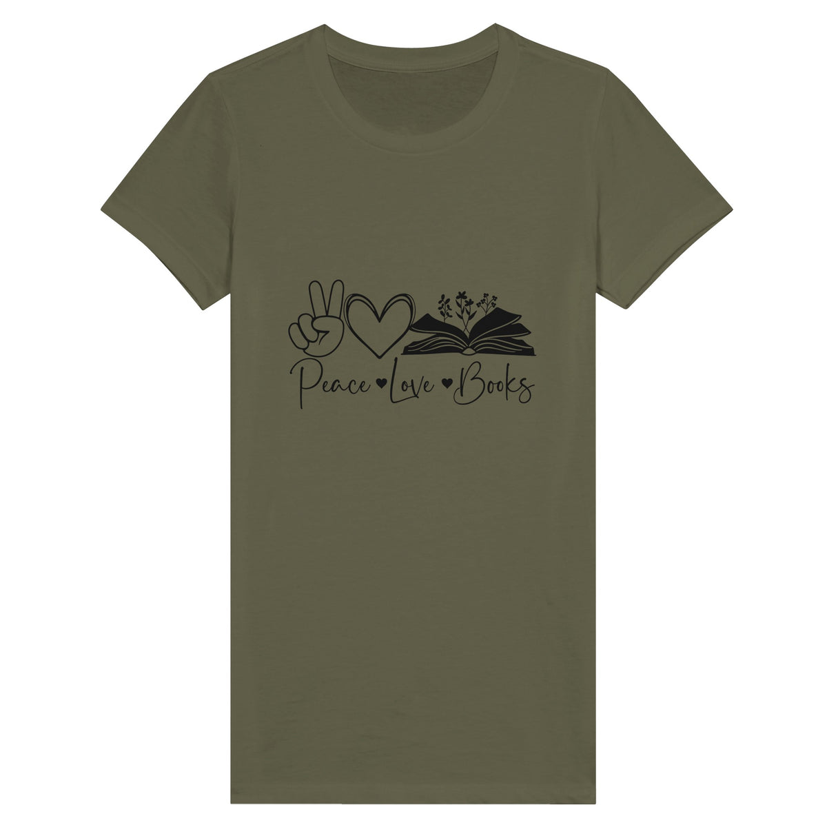 Literary Harmony - Peace, Love, Books Statement - Military Green - T-shirts