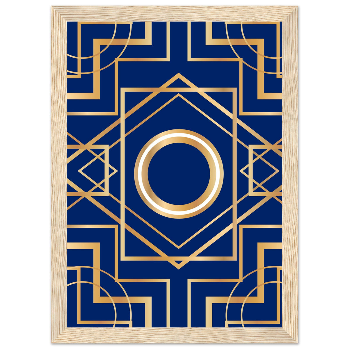 Art Deco Elegance - Blue & Gold Geometric Framed Print - A4 21x29.7 cm 8x12″ Wood frame - Wooden Framed Posters