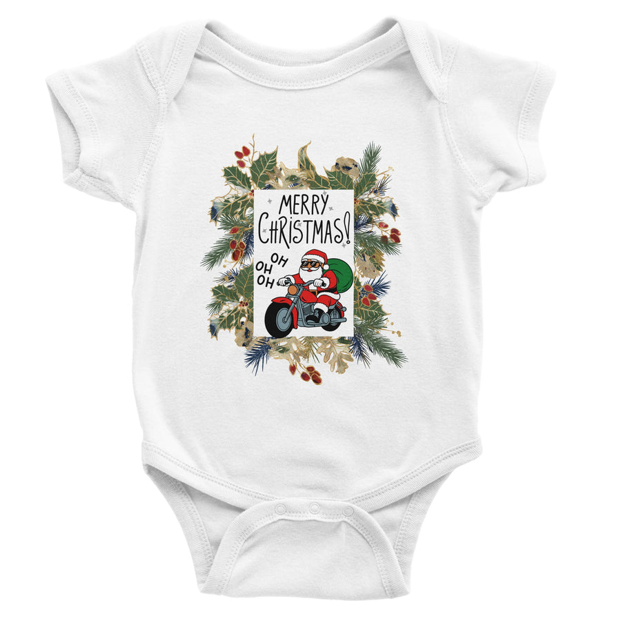 Santa's Ride - Christmas Onesie - White - Print Baby Bodysuit
