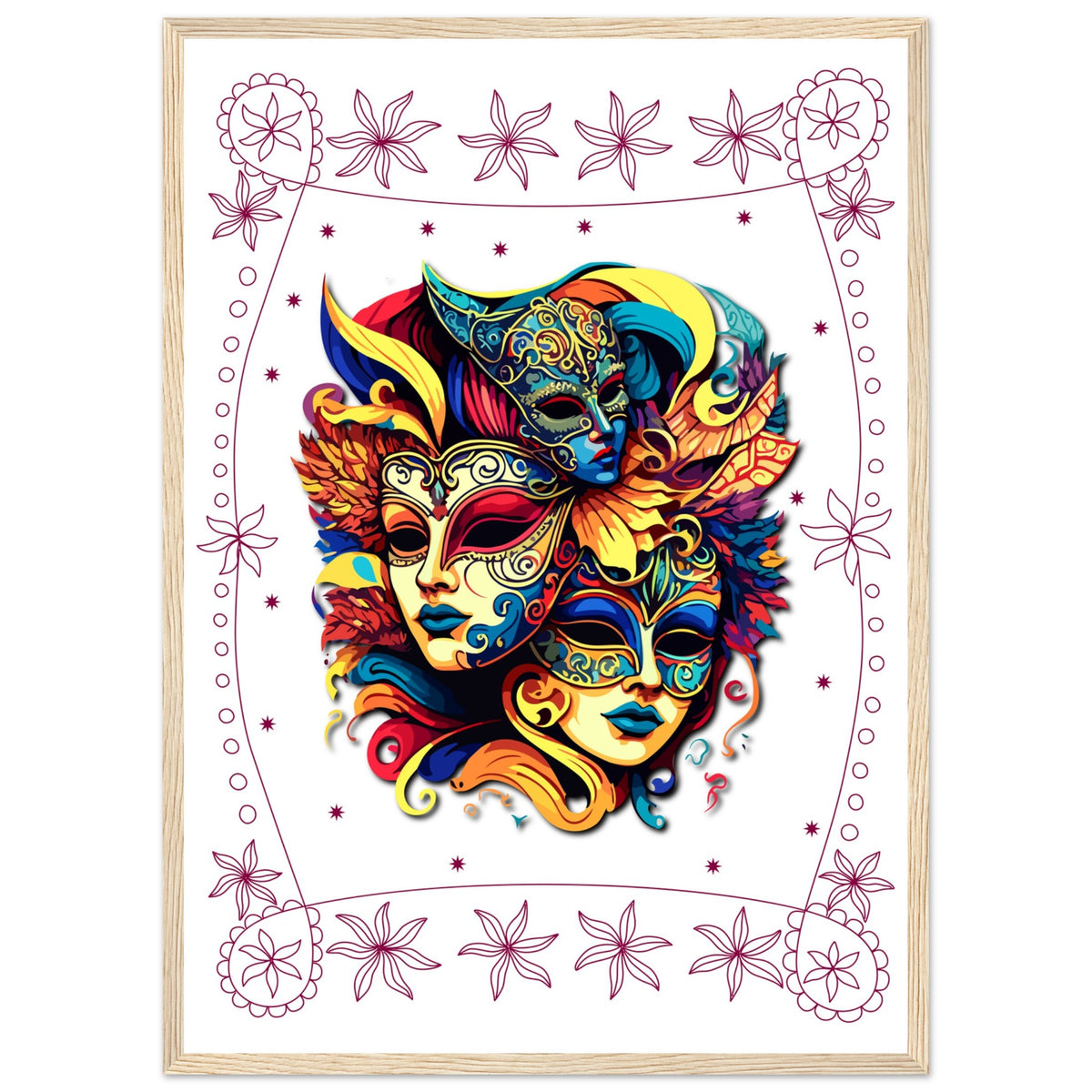 Colorful Mask Trio - Luxury Framed Print - 50x70 cm 20x28″ Wood frame - Wooden Framed Posters